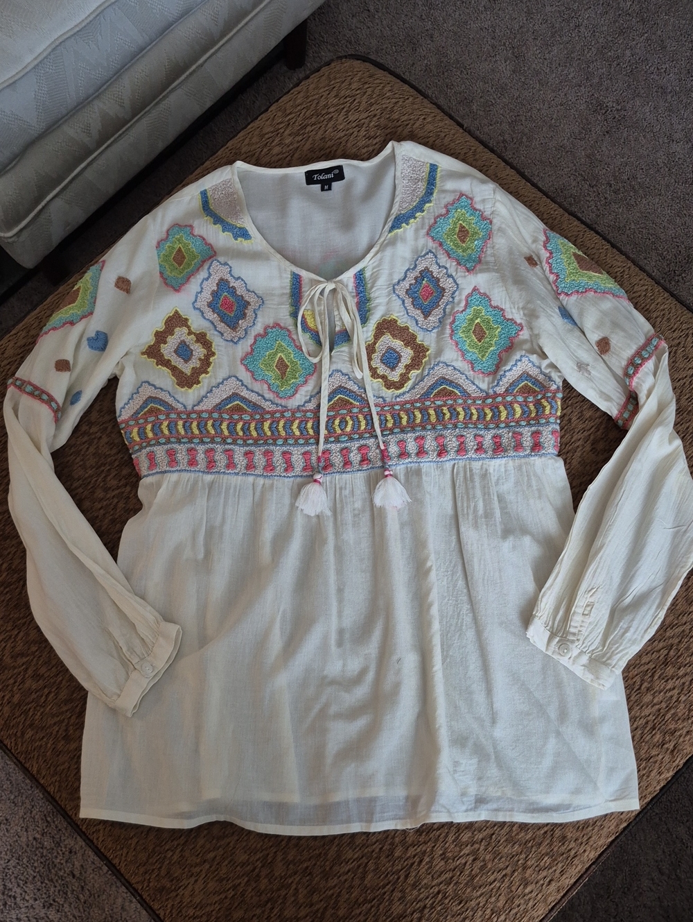 Tolani Cream Embroidered Boho Tie-Front Tunic